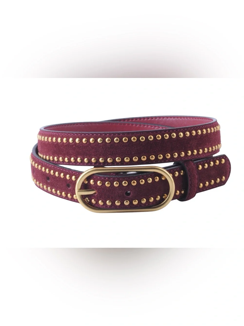 Studded Burgundy Suede Belt with Gold Buckle